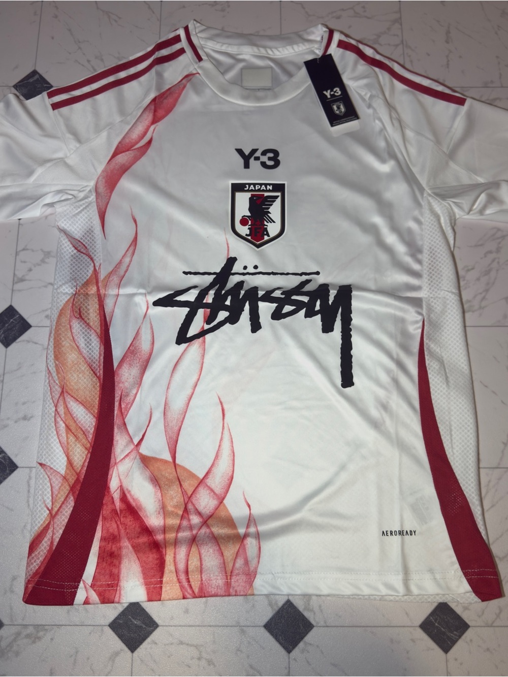 Y-3 Stüssy Japan Jersey White Burgundy Size L NWT